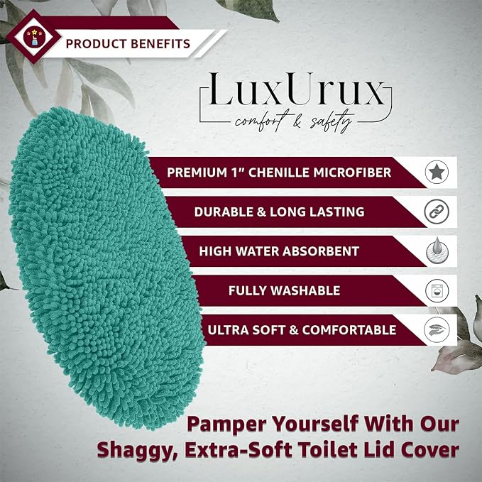 LuxUrux Toilet Lid Cover with Stretch Fit Elastic Band – Chenille Microfiber Toilet Seat Non-Slip Cover for Bathroom – Soft Plush, Machine Wash And Dry, Comfort & Clean Look (18 x 21'', Turquoise)