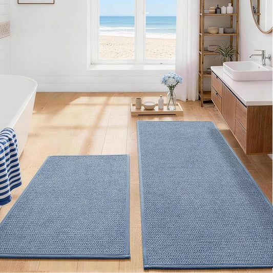 Long Large Bathroom Rugs Sets 2 Piece, Quick Dry Thin Bath Mat, Non Slip Absorbent Machine Washable, Bath Runner Rug for Tub Sink Home Decor (24"x36" + 24"x59",Navy Blue)