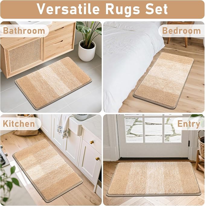 Bsmathom Bathroom Rug Set 4 Piece, Plush Microfiber Bath Mat, Beige | Super Water Absorbent, Non Slip Machine Washable Bath Rug Sets with Toilet Lid Cover and U-shaped Contour Toilet Mat