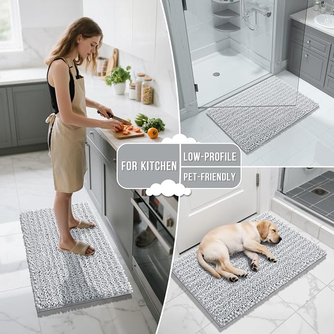 Yimobra Bathroom Rugs Sets 2 Piece - Quick Dry Extra Thick Luxury Chenille Bath Mat, Non Slip Super Absorbent for Tub Shower Sink, Machine Washable Shaggy Floor Mat, 32"x20"+24"x17" Inch, Silver