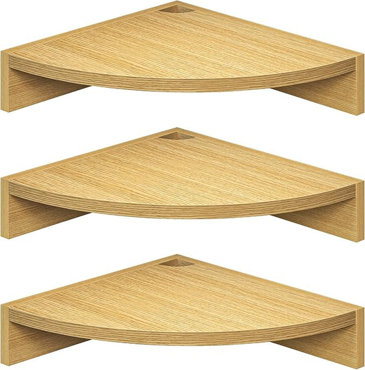 Fun Memories Corner Shelf Wall Mount, Wood Floating Corner Shelves, Corner Wall Shelf for Bedroom, Bathroom, Kitchen, Living Room (Oak, 3 Pack)