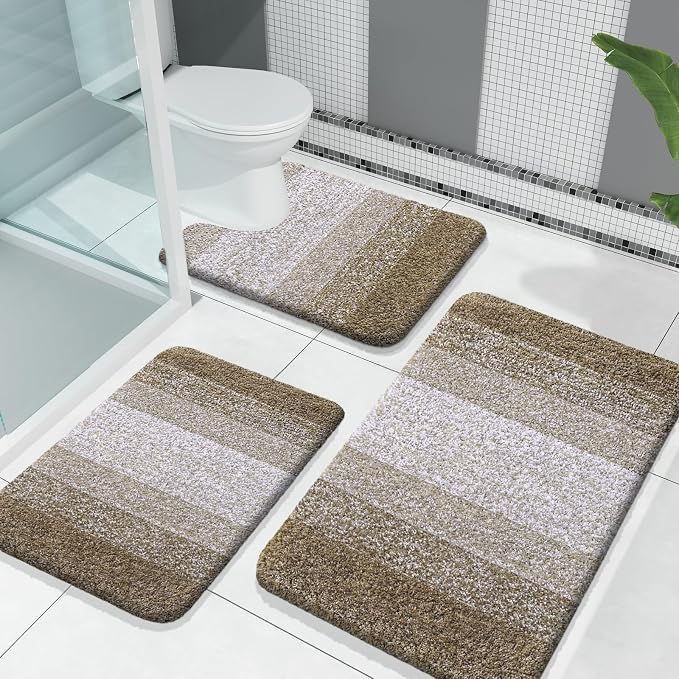 OLANLY Microfiber Bathroom Rugs Sets 3 Piece, 30"x20"+24"x16"+24"x20" | Coffe, Soft Absorbent Bath Mats and U-Shaped Contour Toilet Rug, Machine Wash Dry, Plush Shaggy Bath Mat Set for Bathroom