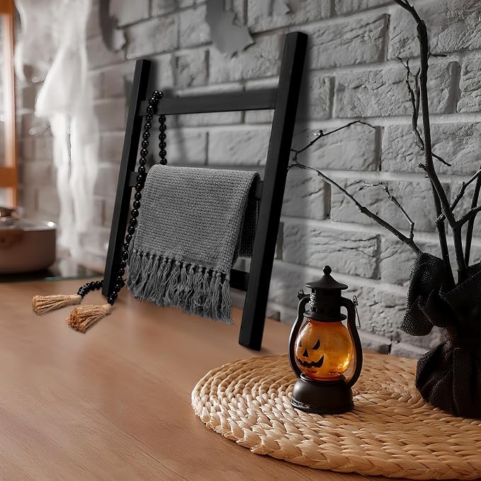 AceOrbit 2 Pcs 14'' Tea Towel Ladder with 3.3 ft Vintage Wood Bead Garland Small Decorative Ladder Hand Towel Stand Mini Blanket Holder Rack Kitchen Counter Farmhouse Rustic Bathroom Decor(Black)