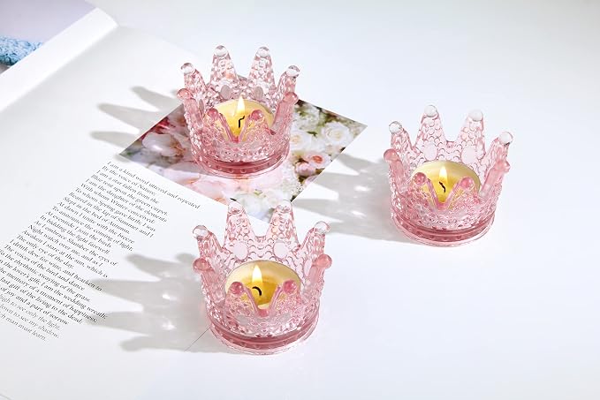 Vixdonos Votive Candle Holders Set of 6 Crown Glass Tealight Candle Holder for Wedding, Party and Home Decor (Pink)