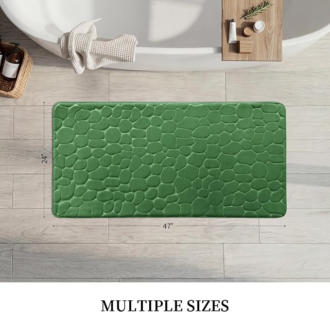 YIHOUSE Memory Foam Runner Rug, Cobblestone Bathroom Runner Rugs Super Water Absorbent Bath Mats for Bathroom Machine Washable Bath Rugs for Hallway Bedroom Laundry Room(24 x 47,Green)