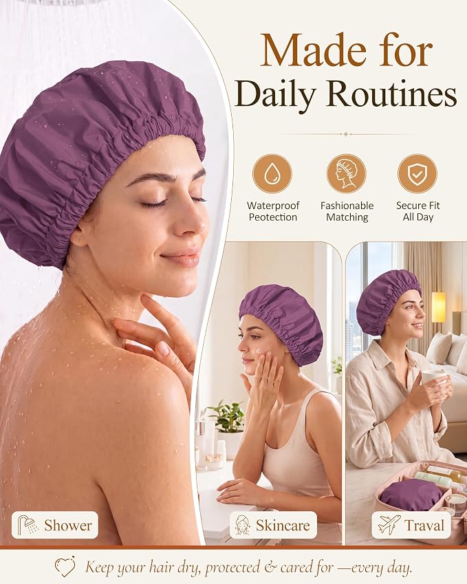 Edoneery Shower Caps for Women Reusable Waterproof, Shower Hair Cap | Washable Bonnet, Wide Elastic Band, Large Fit, Holds Long Hair, Braids Friendly, Bath Accessories, Spa, Travel