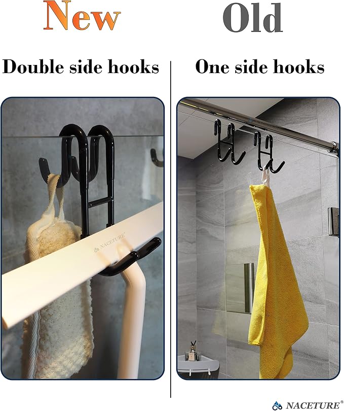 NACETURE Double Shower Door Hooks - Shower Hook Over The Door Towel Hook for Frameless Glass, Bathroom Hooks for Squeegee Rack, Robe, Organize (Black 2 Pack)