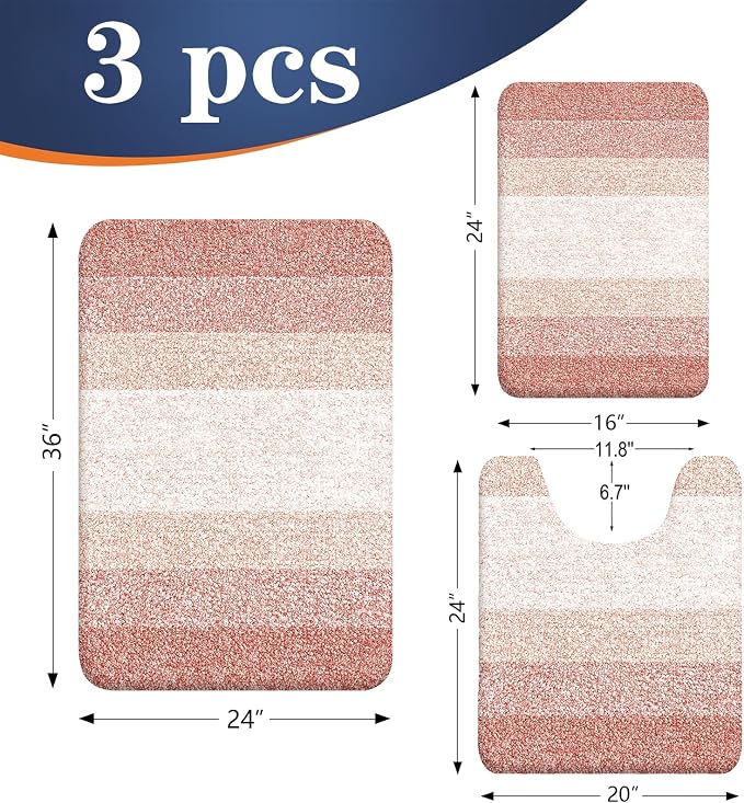 OLANLY Microfiber Bathroom Rugs Sets 3 Piece, 36"x24"+24"x16"+24"x20" | Peach, Soft Absorbent Bath Mats and U-Shaped Contour Toilet Rug, Plush Shaggy Bath Mat Set for Bathroom