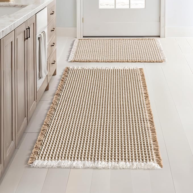 MIULEE Set of 2 Waffle Bathroom Rugs Brown&White Bath Mat 17"x24"+20"x32" | Non Slip, Super Absorbent, Washable, Ultra Soft, Rubber Backed Bath Rugs for Bathroom Floor Tub Shower, Boho Decor