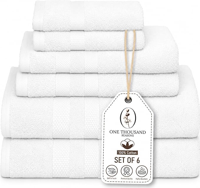 Premium Staple Cotton Bathroom Towel Set - White 600 GSM 6-Piece Luxury Bath Towel Set 3 Stripe - 2 Bath Towels, 2 Hand Towels & 2 Washclothes Set - High Absorbent & Quick Dry for Gym, Spa, Hotel