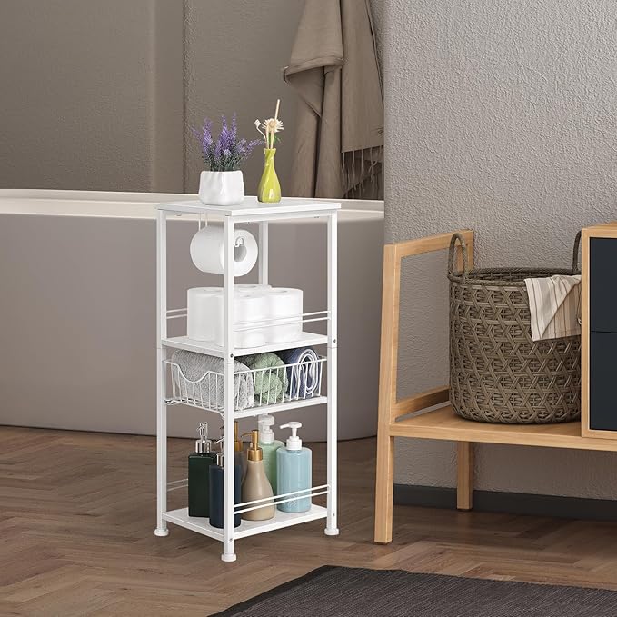 OYEAL Bathroom Storage Cabinet Freestanding Bath Shelf with Drawer Toilet Paper Storage Stand 3 Tier Towel Storage Organizer for Laundry Room Entryway Kitchen Pantry, White