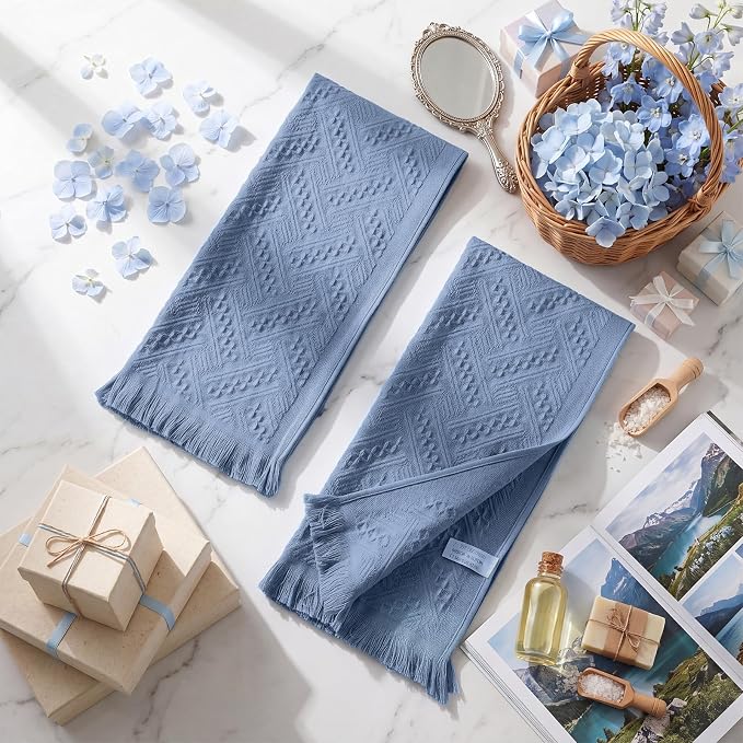 HunnmingRe 21 Pack Boho Hand Towel for Kitchen,Dusty Blue | 14x30 Inch, 100% Turkish Cotton, Summer Boho Decorative ,Towel Waffle ,Farmhouse Decor ,Absorbent Soft ,Guest Gift