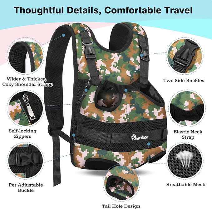Pawaboo Pet Front Carrier Backpacks for Small Medium Dogs | Legs Out Easy-fit,Adjustable Straps,Hands-free,for Travel Hiking Cycling Camping Camo M