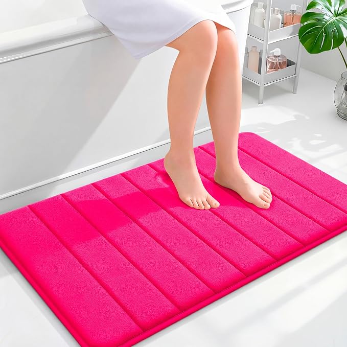 OLANLY Memory Foam Bath Mat 35x24, Super Soft and Absorbent Bathroom Rugs | Hot Pink, Quick Dry Bath Rug, Machine Washable Shower Floor Mats, Bathmat Carpet for Bathroom Floor, Tub and Shower