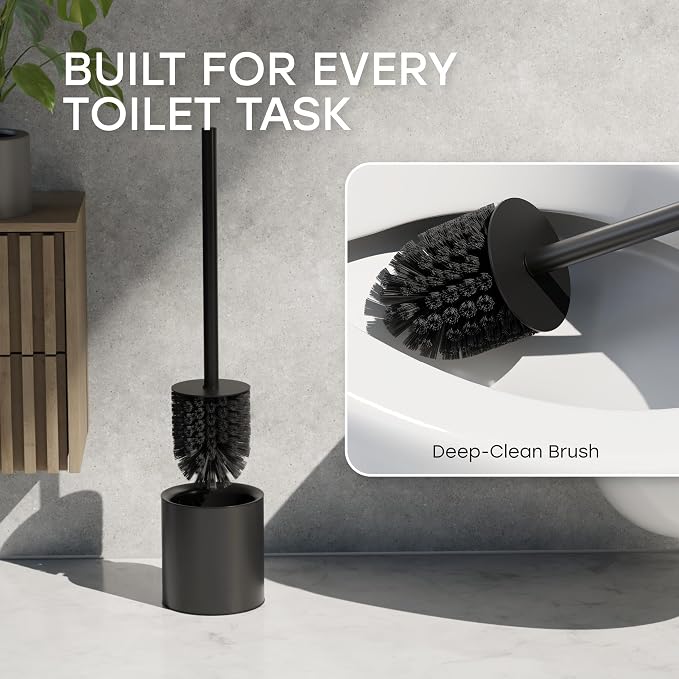 Toilet Bowl Brush with Holder and Lid – Matte Black | Modern toilet bowl brush set with steel holder, splash guard protection, and sturdy handle in matte black