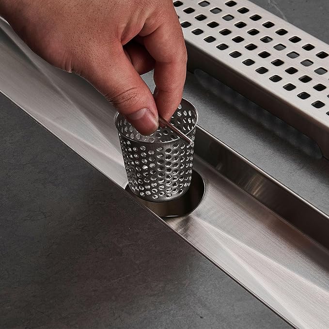 AVSIILE Linear Shower Floor Drain, Brushed Nickel 32 Inch 304 Stainless Steel Bathroom Drains Kit, Long Rectangular Shower Trench Drain with Square Pattern Drain Cover & Hair Catcher