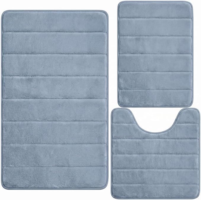 Bathroom Rugs Set 3 Piece, Memory Foam Bath Rugs, Non Slip Washable Bathroom Rug Set, Extra Soft Absorbent Bath Mats with U-Shaped Toilet Rug, Dusty Blue