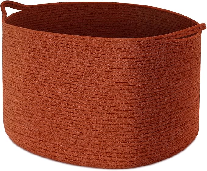 XXL Large Cotton Rope Basket - Maliton Large Storage for Blankets, Towels, Pillows - Round Toy Basket - Woven Laundry Hamper with Handles - 22" x 22" x 14" Nursery Hamper Bin, Burnt Orange