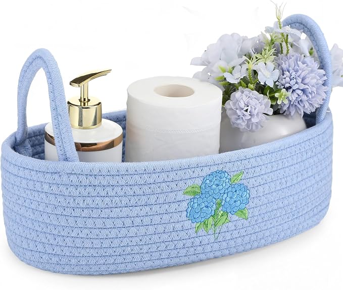Vesici Hydrangea Toilet Paper Basket Boho Woven Cotton Rope Bathroom Countertop Organizer with Handle Blue Hydrangea Bathroom Storage Decor for Toilet Closet Bedroom Nursery, 13 x 6 x 4 Inch