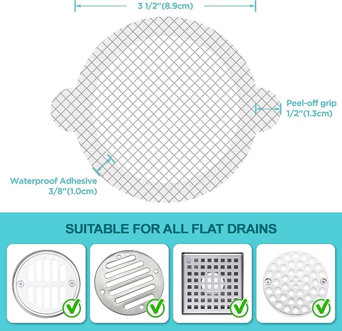 100 Pack Disposable Shower Drain Hair Catcher Mesh Stickers - Peel & Stick Drain Strainers to Prevent Clogs, Strong Waterproof Adhesive, Mess-Free Disposable Drain Covers for Shower & Bathtub