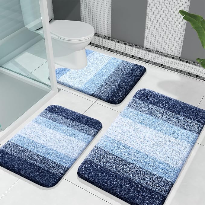 OLANLY Microfiber Bathroom Rugs Sets 3 Piece, 30"x20"+24"x16"+24"x20" | Navy, Soft Absorbent Bath Mats and U-Shaped Contour Toilet Rug, Machine Wash Dry, Plush Shaggy Bath Mat Set for Bathroom