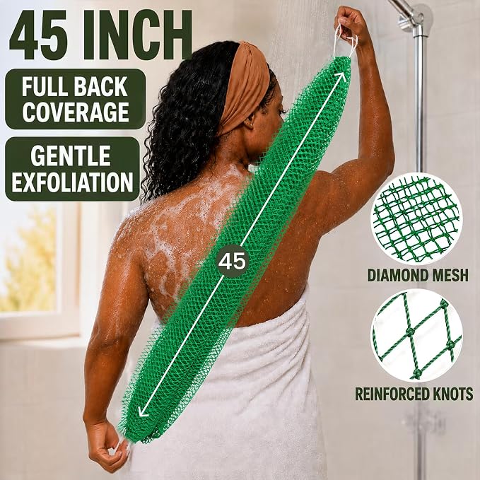 Authentic African Net Sponge, 2 Pack 45-Inch Exfoliating Bath Sponge and Shower Loofah for Body and Back, Colorfast Quick-Dry Knotted Mesh Scrubber with Travel Pouch(Red & Green)