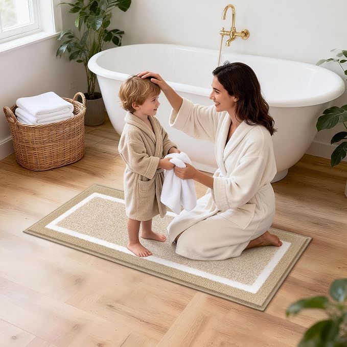 Pauwer Bathroom Rug Sets 3 Piece, Non Slip Washable Bath Ma, Beige | Soft Plush Microfiber, Super Absorbent Floor Carpet, U Shaped Toilet Mats, Quick Dry, Shaggy Shower Rugs Runners