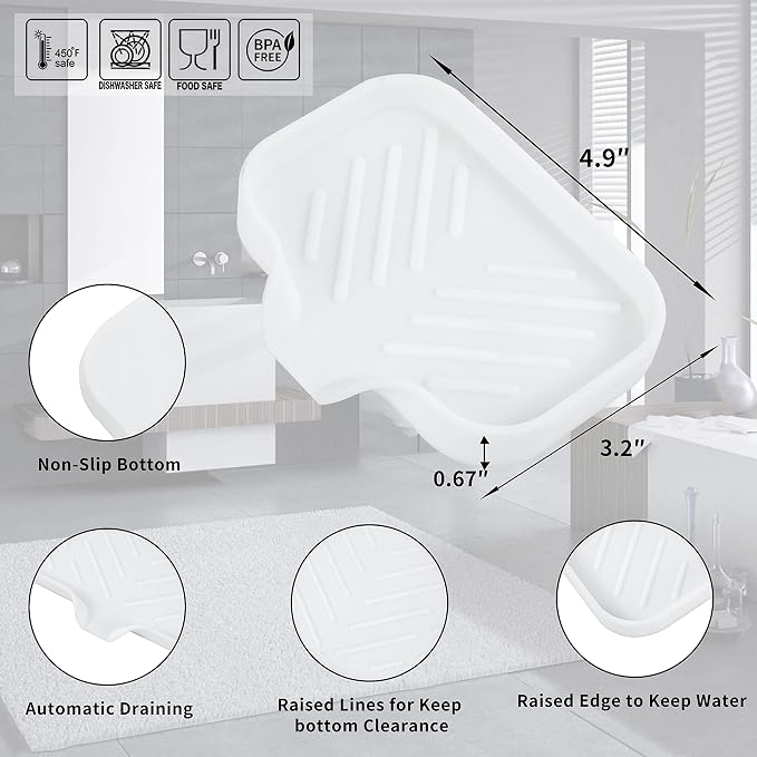 MicoYang Silicone Soap Dish with Drain Spout, Self-Draining Sink Organizer Tray for Bathroom and Kitchen, Sponges, Dispensers and Soap Holder, Non-Slip and Dishwasher Safe, White (Compact, 4.9"×3.2")