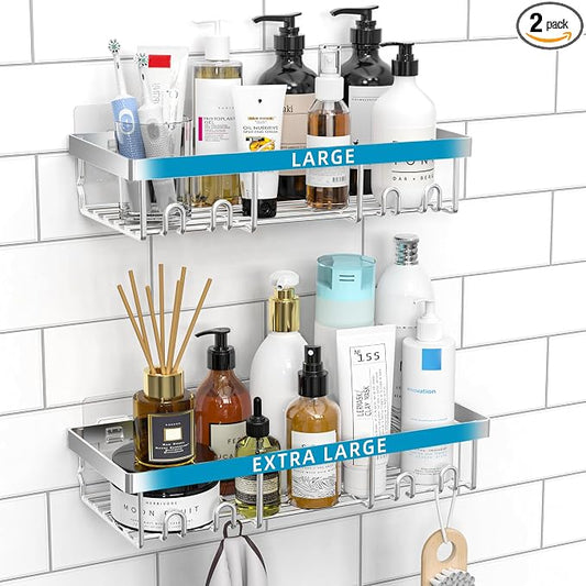 Moforoco Large Silver Shower Caddy Shelf Organizer Rack, Self Adhesive Bathroom Shelves Basket, Home Farmhouse Wall Inside Organization and Storage Decor Rv Accessories