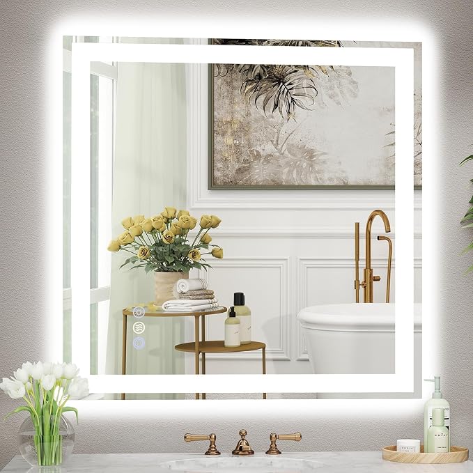 36x36 LED Bathroom Mirror, 6000LM, Separate Front and Back Lights | Shatter-Resistant Tempered Glass,Auto-Off Defogger,3 Color Modes,Smooth Dimming,Smart Memory Setting