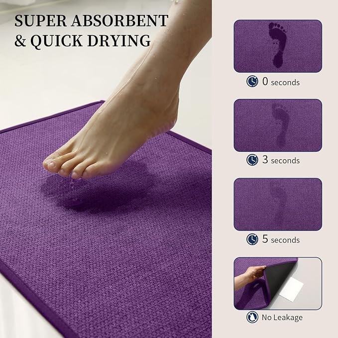 Purple Bathroom Rugs Sets 5 Piece, Quick Dry Thin Bath Mat with Toilet Rug - Non Slip Absorbent Machine Washable - Bath Runner Rugs for Bathtub Sink Home Decor
