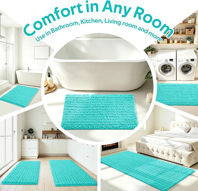 ACCUMTEK Upgrade Extra Large Teal Green Bathroom Rug Set 3 Pieces Ultra Soft, Thick Absorbent Bath Mats, Non Slip Chenille Toilet Mat for Bathroom, Bedroom, Kitchen, Turquoise
