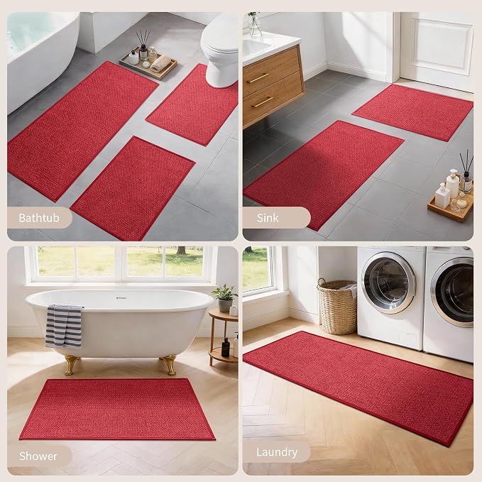 YIHOUSE Red Bathroom Rugs Sets 5 Piece, Quick Dry Thin Bath Mat with Toilet Rug - Non Slip Absorbent Machine Washable - Bath Runner Rugs for Bathtub Sink Home Decor