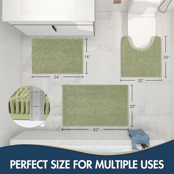 TREETONE Bathroom Rugs Sets, Thick Soft Absorbent 3 Piece Chenille Bath Rugs, Non-Slip, Dry Quickly, Machine Washable, Shaggy Mats with U-Shaped Toilet Rug for Bath Floor, Tub and Shower, Sage Green