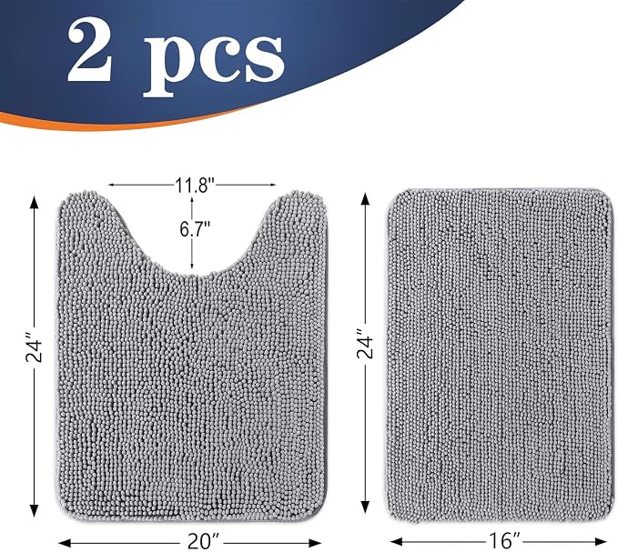 OLANLY Chenille Bathroom Rugs Mats Sets 2 Piece, 24"x16"+24"x20", Grey | Soft Absorbent Bath Mat and U-Shaped Contour Toilet Rug Set, Quick Dry, Machine Washable Bath Carpet, Home Decor Accessories