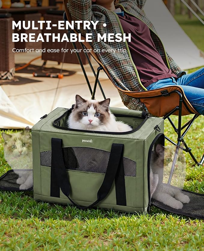 Pecute Cat Carrier Stable, Pet Carrier with Privacy Partition,Green | Safe For Car Travel, Stable Steel Frame, Soft-Sided Pet Carrier Bag For Dogs And Cats Up To 15lbs, Foldable Design,XL.