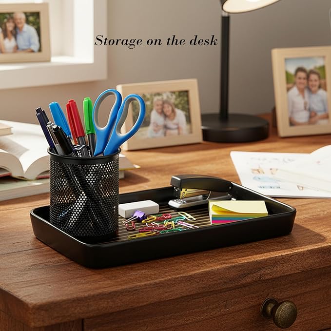 10"×6"×1" Black Bathroom Vanity Tray for Countertop- Ceramic Decorative Organizer Tray for Dresser Tops, Toilet, Perfume, Sponge Holder Soap Dish Dispenser for Kitchen Counter- Golden Stripes