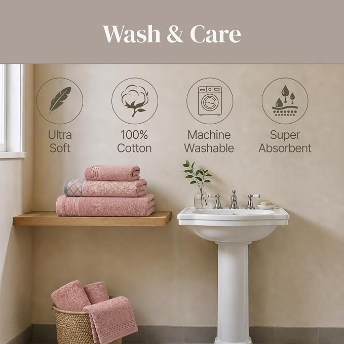 Modern Threads 6 Piece Cotton Bath Towel Set – Ultra Soft 550 GSM Towels – Bathroom Set with Hand Towels and Washcloths – Diamond Border (Blush)