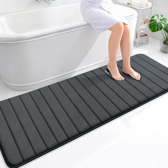 OLANLY Memory Foam Long Bathroom Rugs Runner 70x24, Super Soft Absorbent | Dark Gray, Quick Dry Bath Mat, Machine Washable Shower Floor Rugs, Bathmat Carpet for Bathroom Floor, Tub and Shower