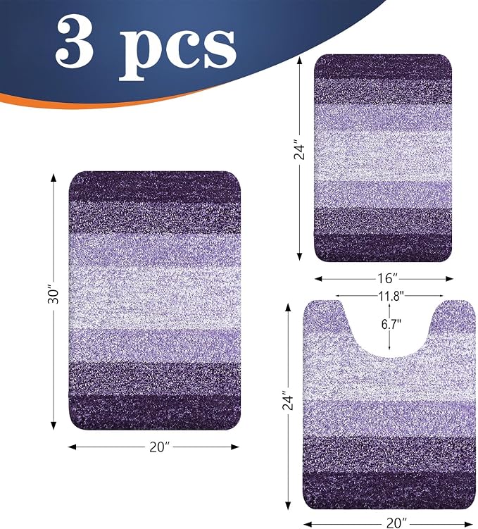 OLANLY Microfiber Bathroom Rugs Sets 3 Piece, 30"x20"+24"x16"+24"x20" | Violet, Soft Absorbent Bath Mats and U-Shaped Contour Toilet Rug, Machine Wash Dry, Plush Shaggy Bath Mat Set for Bathroom