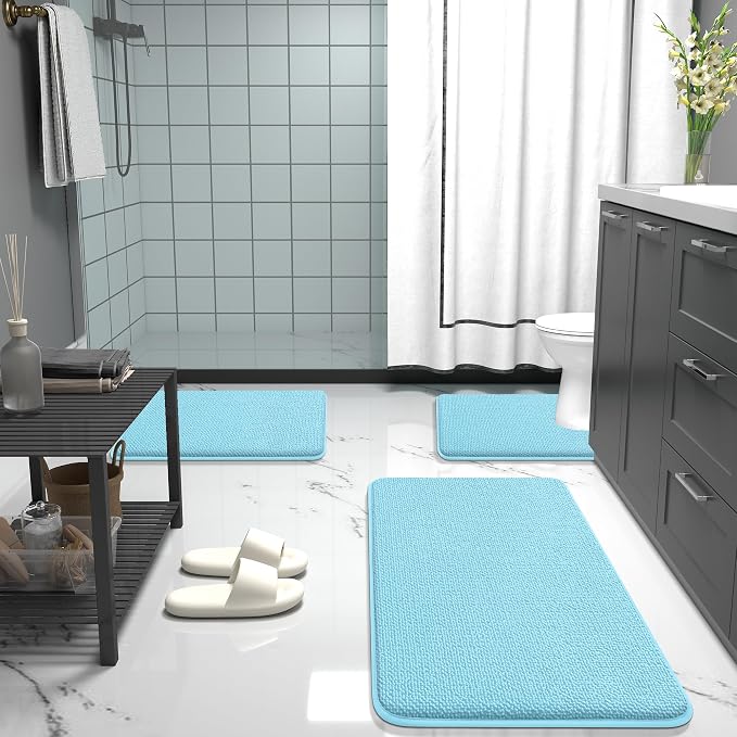 OLANLY Thick Memory Foam Bathroom Rugs 36x24, Absorbent Bath Mat, Sky Blue | Soft Quick Dry Bath Rugs, Non-Slip, Machine Washable Carpet for Bathroom Floor, Tub and Shower, Home Decor Accessories