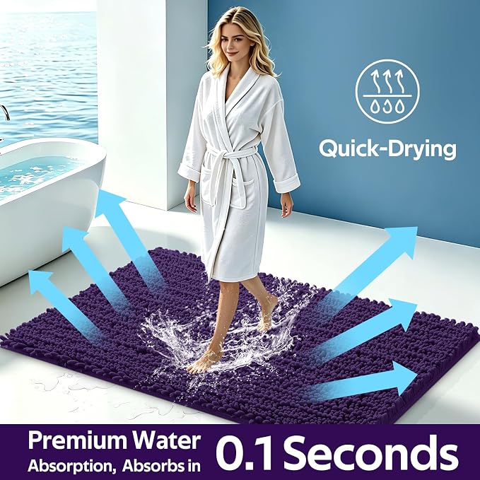 ACCUMTEK Upgrade Luxury 2 Piece Dark Purple Toilet Bathroom Rug Mat 48"x20"+24"x17", Ultra Soft Thick Absorbent Bath Mats, Non Slip Chenille Toilet Mat for Bathroom, Bedroom, Kitchen, Shower, Tub