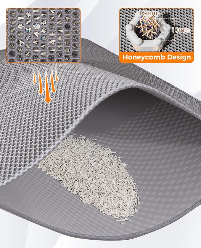 Cat Litter Mat - Extra Large Cat Litter Mat Litter Trapping Mat 46"x26"-Honeycomb Double Layer Design,Urine and Water Proof Material,No Slip& No Phthalate,Washable Easy Clean（Grey）