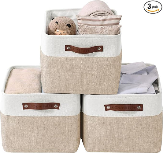 DECOMOMO Storage Bins, Extra Large Fabric Storage Baskets for Shelves, Decorative Linen Closet Organizer, 15.8 x 12.5 x 10 inches (Beige & White, 3 Pack)