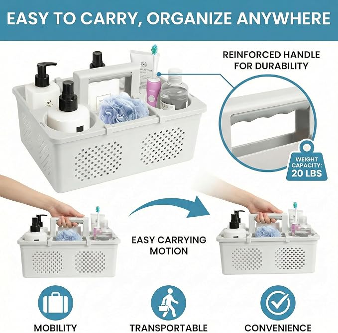 KMV Dorm Room Portable Shower Caddy with Adjustable Compartments - Ventilated Drainage Design with Handles, Perfect Toiletries Organizer for College Dorms-gray