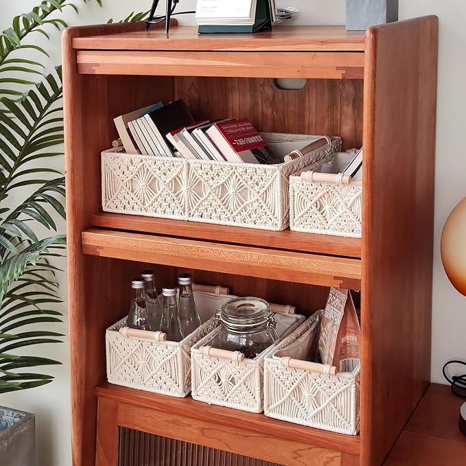 ANMINY 5PCS Macrame Storage Baskets for Organizing Boho Decor Baskets Storage Bins with Wood Handles Handmade Decorative Storage Boxes with Removable Liner Toilet Tank Bathroom Self Basket Organizer