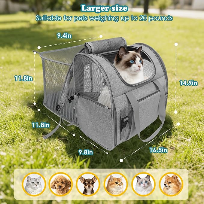 Cat Backpack Carrier, 16.5" Extra Wide Expandable Large Pet Carrier | Backpack for Cats & Small Dogs Up to 20lbs – Foldable with Breathable Mesh, 16.5"x14.9"x9.8" for Hiking & Air Travel (Grey)