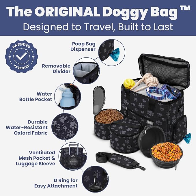 Original Doggy Bag™ Dog Travel Bag for Supplies with Travel Bowls | 2 BPA-Free Collapsible Bowls, 2 Pet Food Containers, TSA-Ready, Road Trips, Camping, Weekend Getaways, Doggy Gift, Paw Print