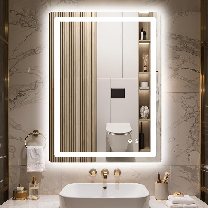 Delma 32x24 LED Bathroom Vanity Mirror with Lights, Anti-Fog, Dimmable | Front & Backlit with 3 Color Modes and Memory, 5mm Shatterproof Glass, Plug-in or Hardwired, Horizontal or Vertical