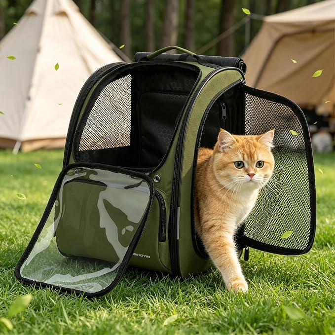 Cat Backpack Carrier Expandable Pet Backpack for Cats & Small Dogs | Clear Cat Carrier Large Space Shaded Cat Bubble Backpack Breathable Pet Outdoor Backpack for Hiking Travel Vet Walk, Green